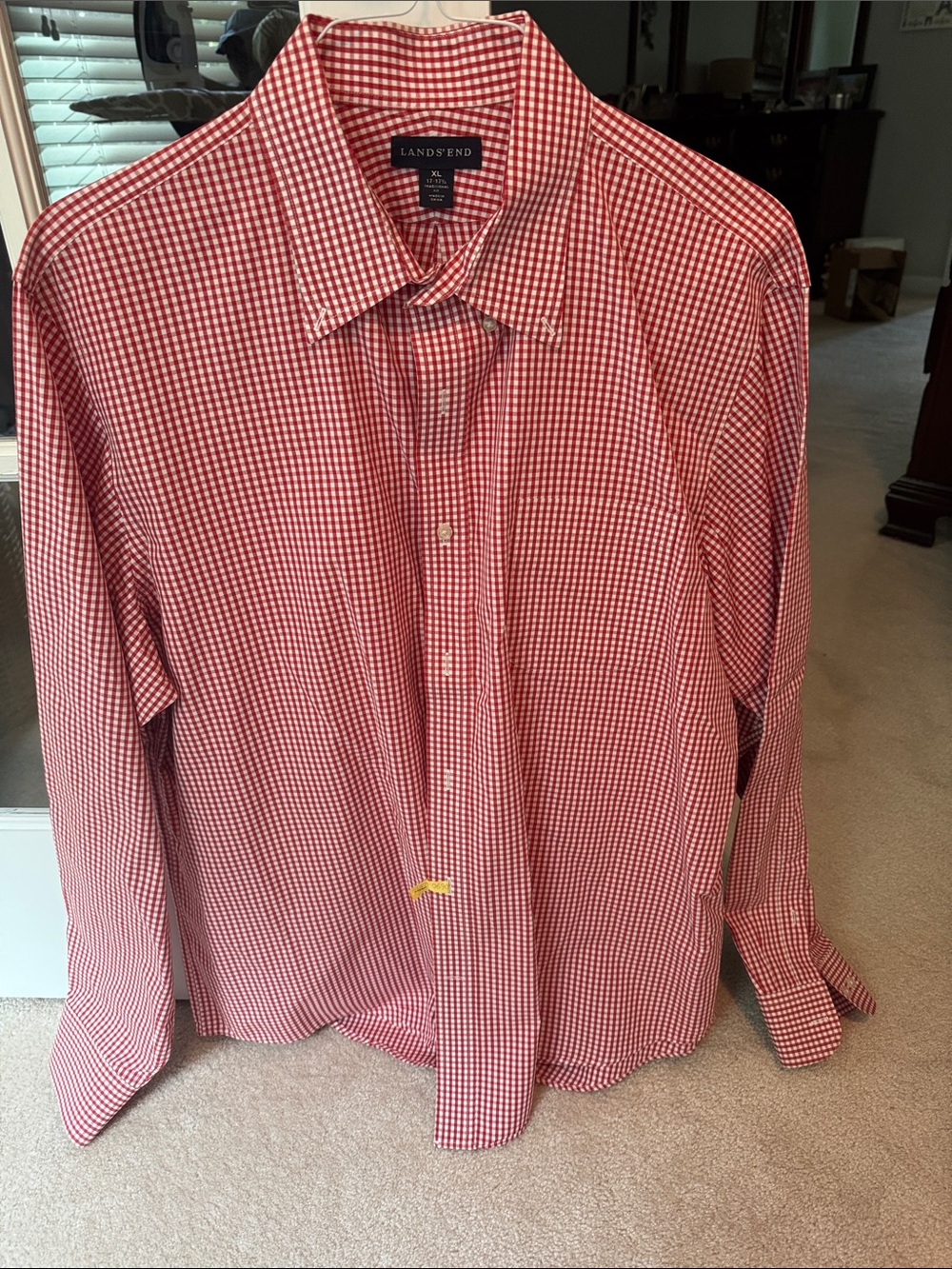Lands' End Men’s Red Gingham Button-Up Shirt. Size XL